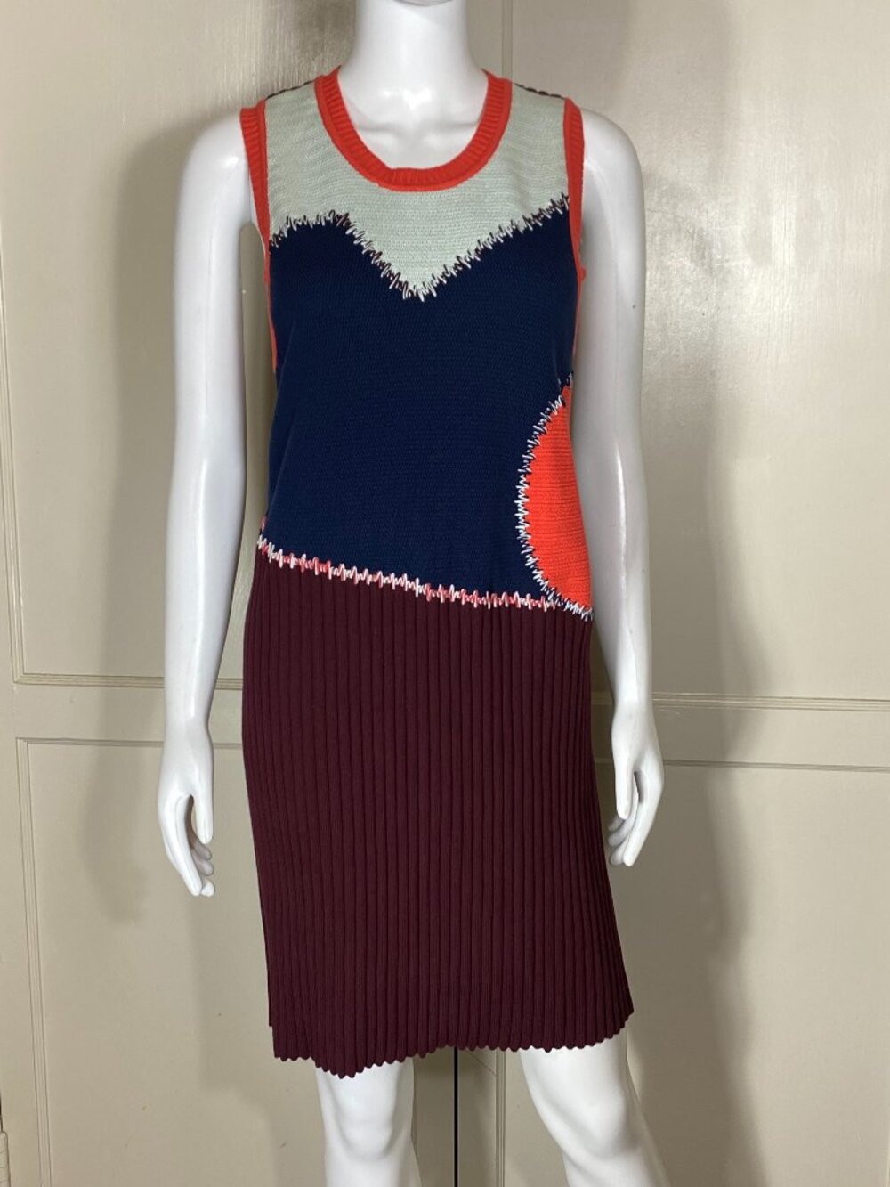 TORY BURCH Italy Runway Colorblock Sleeveless Sweater Knit Mini Dress Burgundy M